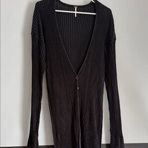 Free People Ribbed Longline Cardigan in Charcoal Gray